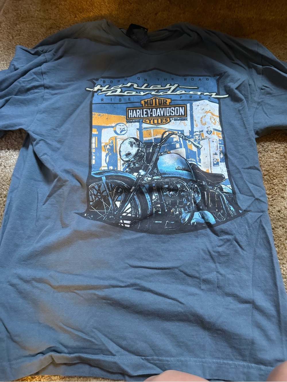 Harley-Davidson Blue Graphic Motorcycle Tee with Orange Accents